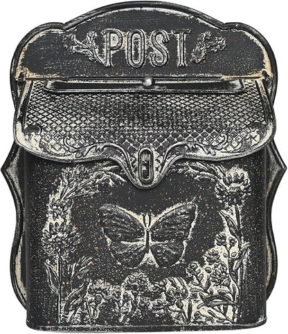 Mailbox Wall Mount Mailboxes for Outside Vintage Mail Boxes for House Outside Metal Drop Box Antique Style Nostalgic Charm Home Decorative, Butterfly Pattern, Black