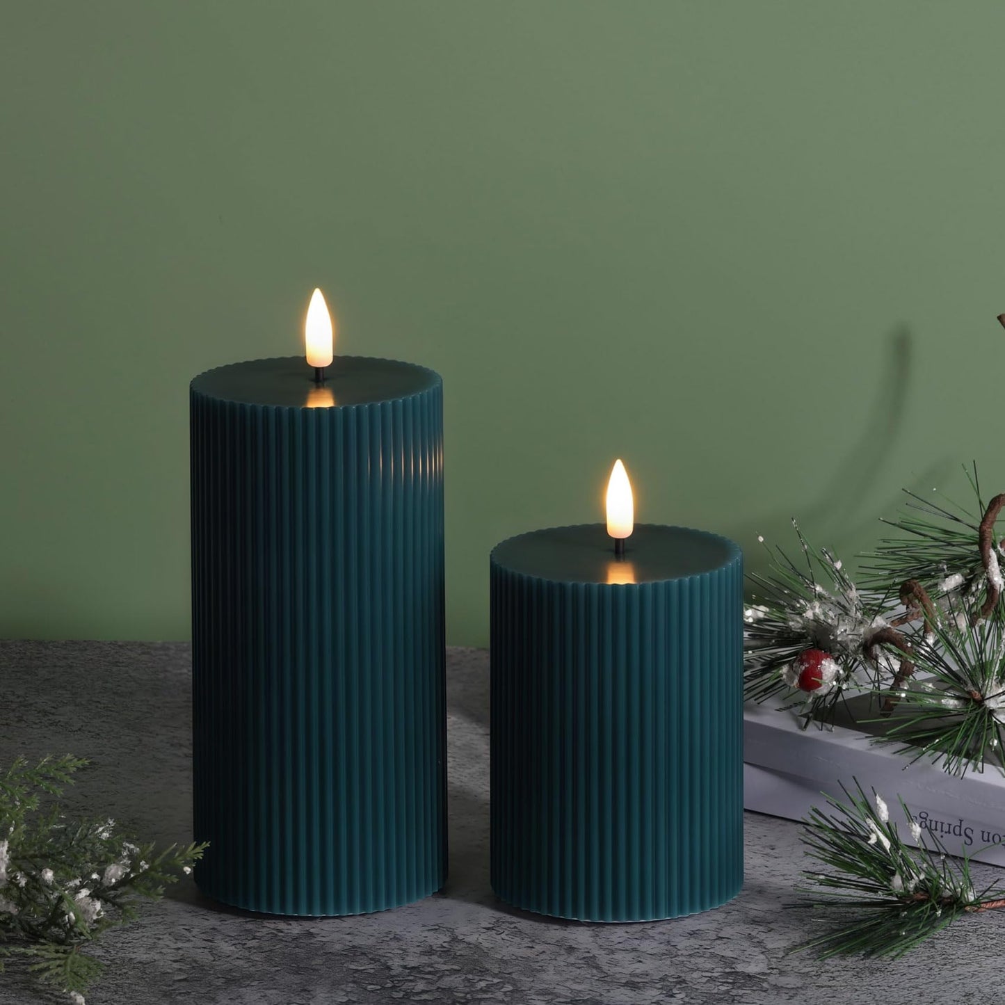 Girimax Green Ribbed Flameless Pillar Candles with Remote, 2 Pack Flickering Battery Operated LED Wax Candles Φ 3" H 4" 6"