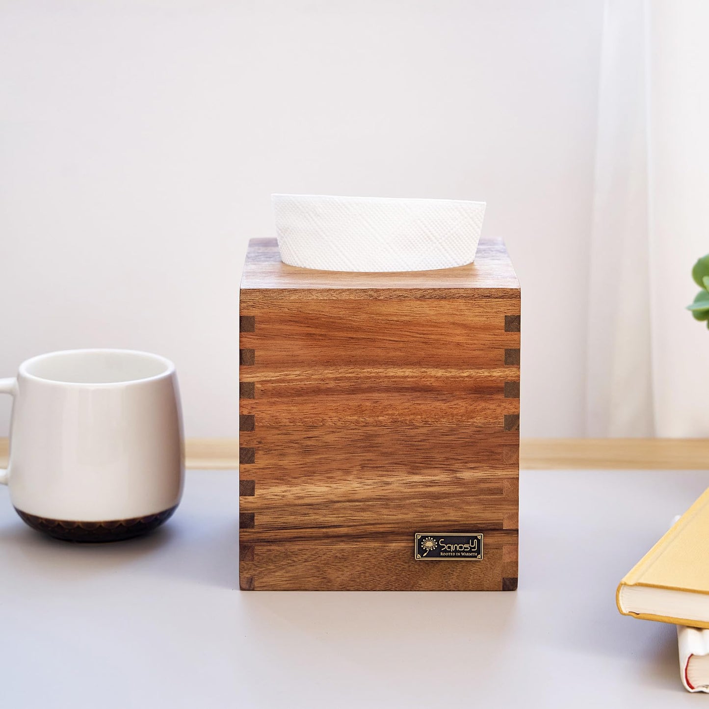 SANOSY Acacia Wood Tissue Box Cover and Holder for Kleenex, Rectangle, and Cube Boxes, Decorative Facial Cube Organizer for Modern Farmhouse Decor on Tabletop, Nightstand, Bathroom, Office.