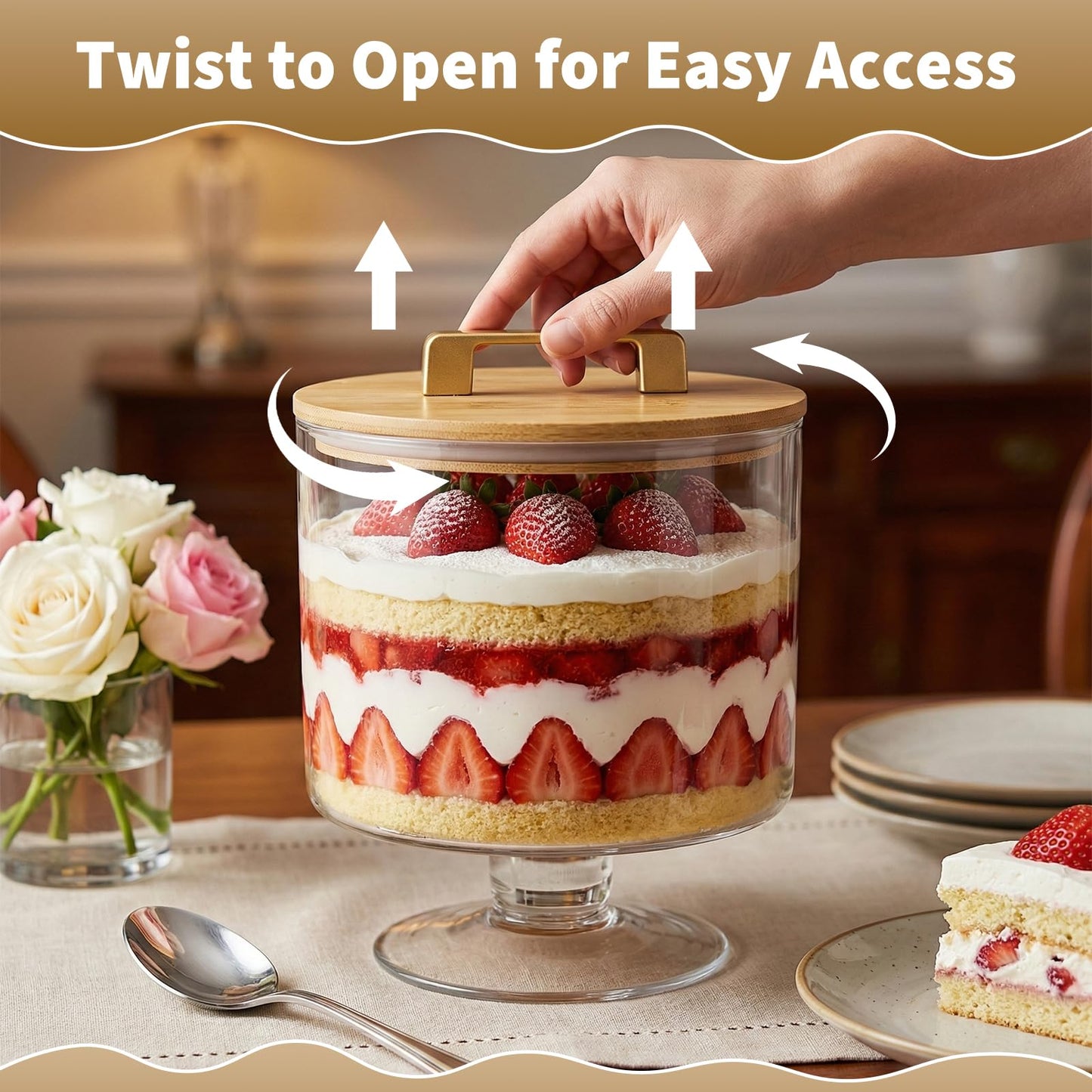 Piszvbej Trifle Bowl with Pedestal and Lid, Crystal Clear Glass, Wood Lid with Convenient Handle and Sealing Ring, for Laying Layered Dessert, Ice Cream and Cake, Ideal for Party Displays