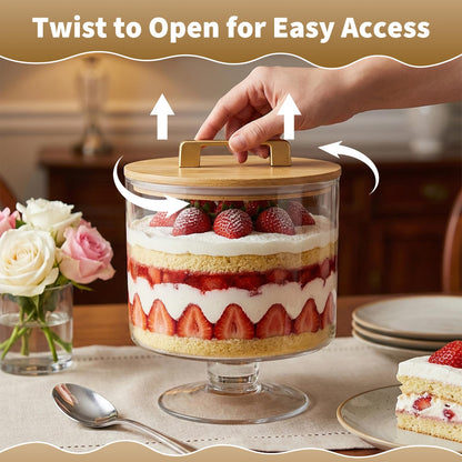 Piszvbej Trifle Bowl with Pedestal and Lid, Crystal Clear Glass, Wood Lid with Convenient Handle and Sealing Ring, for Laying Layered Dessert, Ice Cream and Cake, Ideal for Party Displays