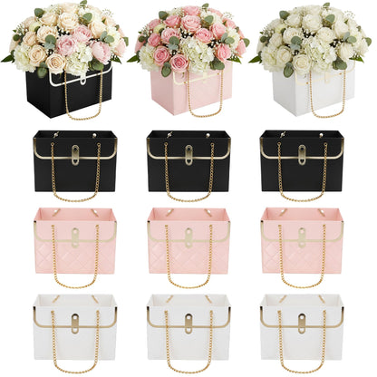 12 Pack Flower Paper Gift Bag, Bouquet Storage Bucket Box Paper Flower Handbag Box with Metal Chain Rectangle Mother's Day Flower Bags for Bouquets Wedding Flower Graduation Supplies, Black White Pink