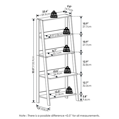 Furinno Ladder Book Shelf, 5-Tier Ladder Shelf, Bookshelf, Display Storage Shelves, 13 x 23.6 x 53.5, for Living Room, Home Office, Plain White
