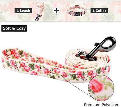 Ihoming Dog Collar and Leash Set for Daily Outdoor Walking Running Training, Pink Flowers Design for Small Boys Girls Dogs Cats Pets, S-Up to 20LBS