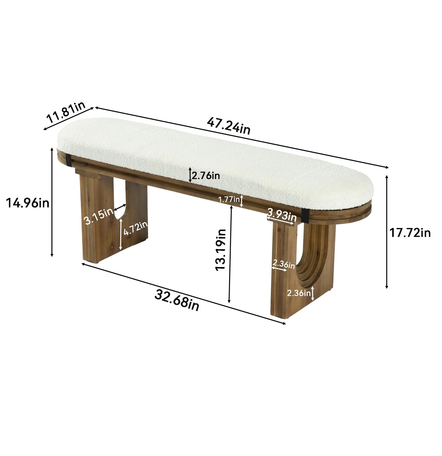 LITTLE TREE Solid Wood Bench, 47.24" End of Bed Bench, Entryway Bench with Upholstered for Hallway, Living Room, Bedroom, Kitchen