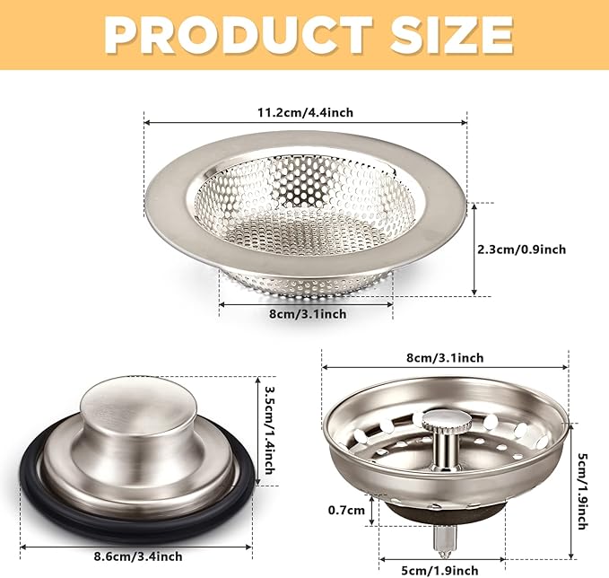 Mudder 3 Pcs Kitchen Sink Drain Strainer and Stopper Stainless Steel Garbage