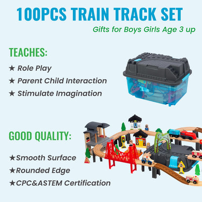 WoodenEdu 100Pcs Wooden Train Set for 3 Year Old Boys, Double-Side Train Set Tracks with Bridge Train Station & Storage Box, Fits Brio, Thomas, Melissa and Doug, Kids Gift Toys for Boy 3-7 (100pcs)