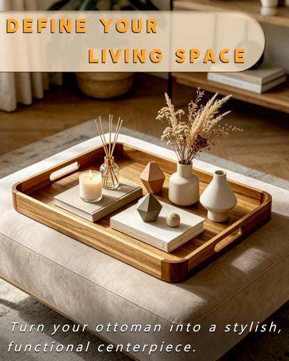 OurMiao 22" x 15.75" Acacia Wood Serving Tray with Handles Rounded Corners, Large Rectangular Wooden Ottoman Tray for Living Room, Coffee Station