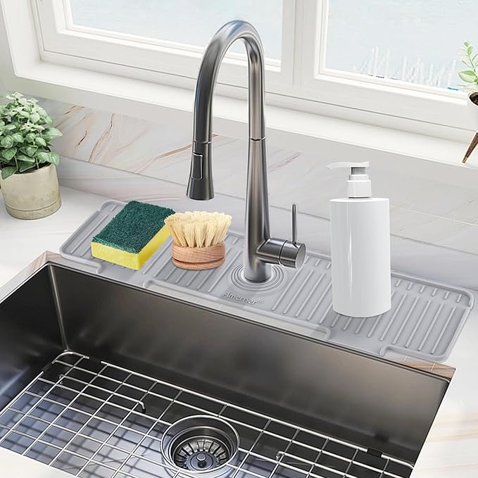 20 inch Kitchen Sink Splash Guard, 10° Large Slope & Adaptable Hole Faucet Mat