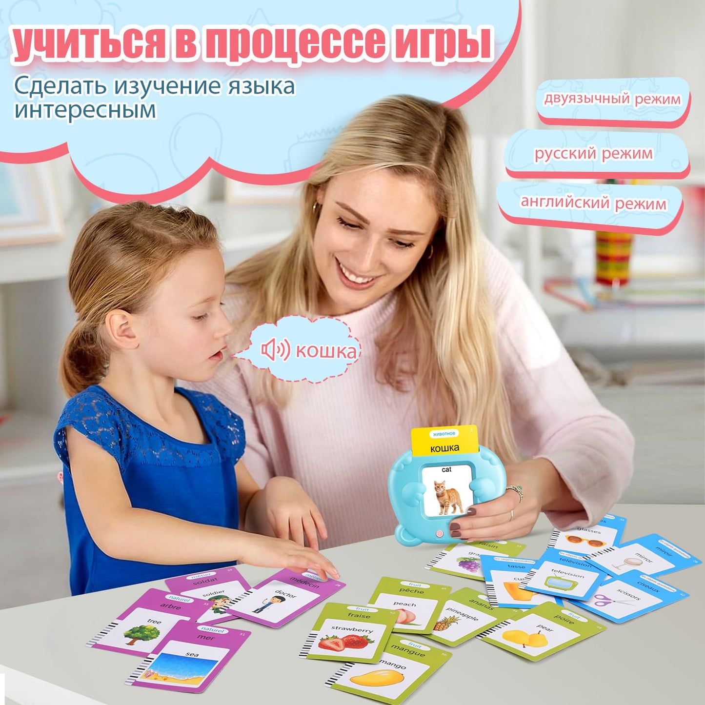 Russian & English Talking Flash Cards for Toddlers, Bilingual Flash Cards Learning Montessori Toys with 224 Sight Words, Speech Therapy Toys for Children Sensory Preschool Education Gifts