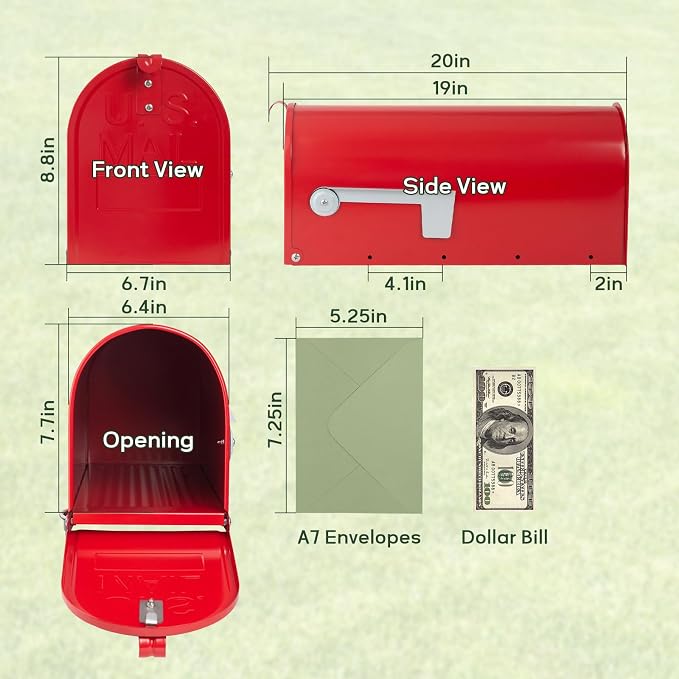 RAINHOL Metal Mailboxes for Outside Post Mount, Galvanized Steel Standard Mail Box, 20 x 8.9 x 6.7 inches, Medium Compacity, Red Mailbox