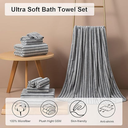 Oliven 4 Piece Grey Cabana Stripe Large Bath Towels Oversized Bath Sheet Super
