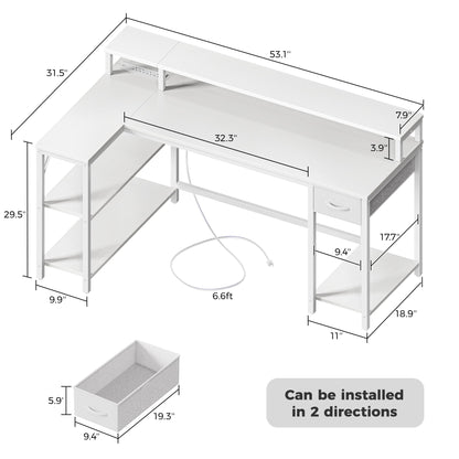 SUPERJARE 53 inch Reversible L Shaped Desk with LED Lights & Power Outlets, Computer Desk with Shelves & Monitor Stand, Gaming Desk with Drawer, Home Office Desk Corner Desk, PU White Drawer