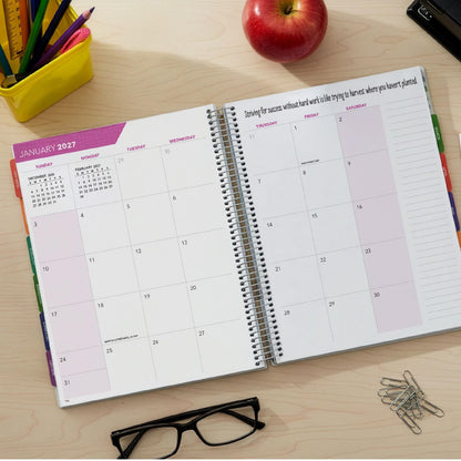 DELUXE TEACHER PLANNER Aug 2026-Jul 2027 8.5x11 Daily Weekly Monthly Organizers with 7 Periods, Pocket Folder, Dated Calendar, Page Tabs, Bookmark and Planning Stickers (Black Tree Seasons)
