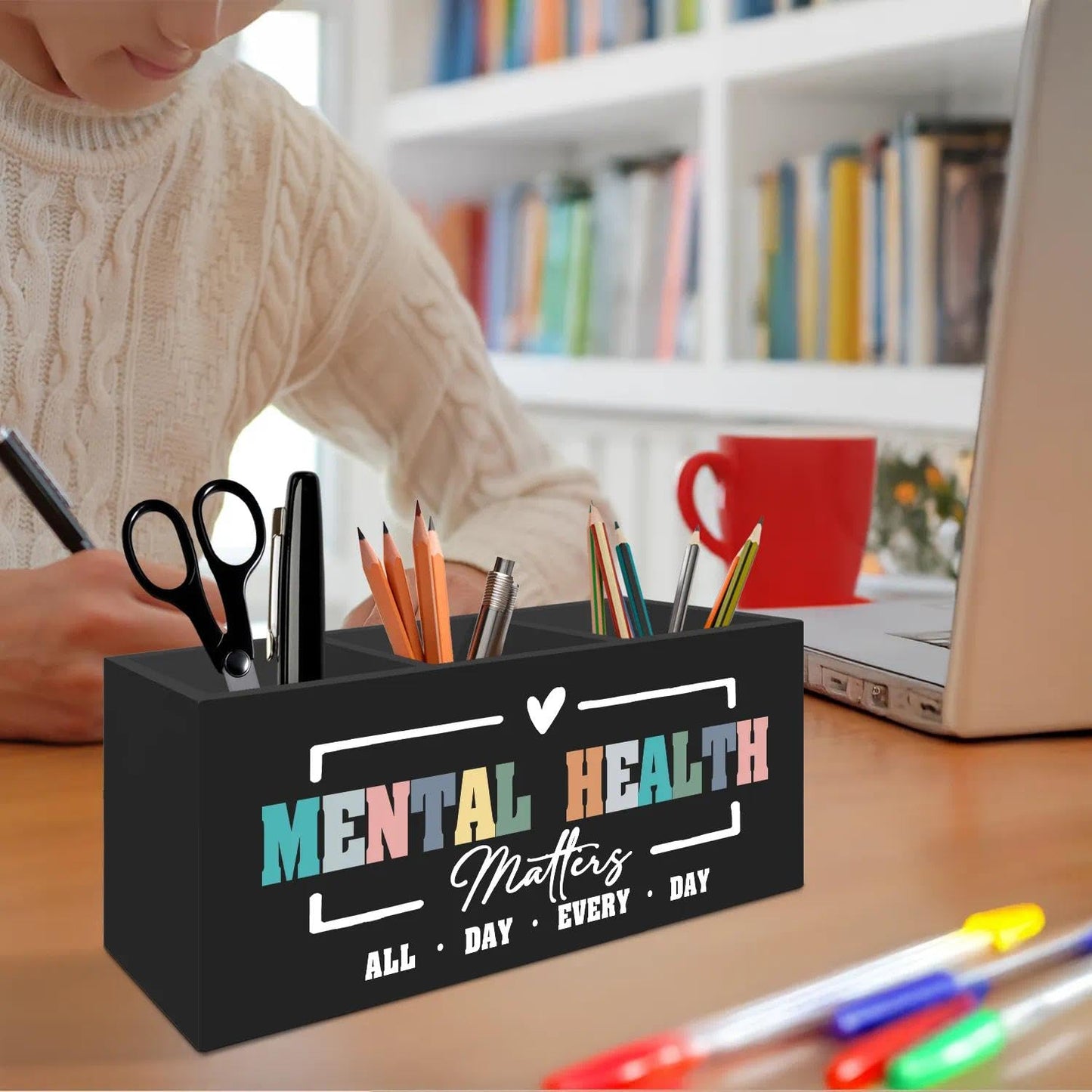 LIANGEAGOM Mental Health Matters Pen Pencil Holder Organizer for Desk Accessories, Therapy Office Decor, Motivational Wooden Box Signs Decorations for Therapist Counseling Office Desk Tabletop
