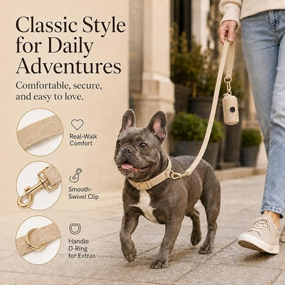 Herringbone Tweed Dog Collar and Leash Set for Small Dogs, Light Beige | Snag-free, no-rub design. Soft breathable cotton, gentle on fur. Adjustable durable matching combo for walks & outdoors.