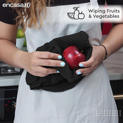 Encasa XO Kitchen Dish Towels Set | Black | Waffle Weave and Flat Hand Tea