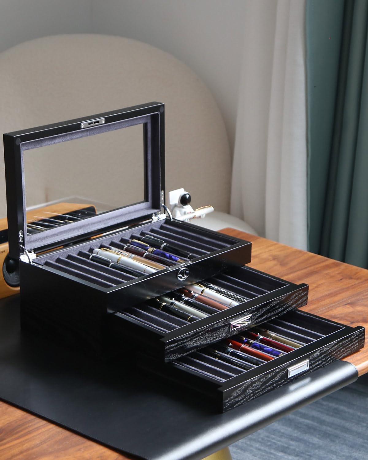 Besforu wood pen display case 36 slot Fountain pen Box storage Organizer with drawer, Top Glass Window Pen Collection Display Case