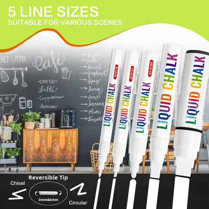 IJIANG Window Chalk Markers Pens, White Liquid Chalk Marker 5 Nib Sizes for Car Windows Glass Mirror Blackboard Signs, Erasable, Dust-Free, Non-Toxic