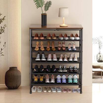 Mavivegue 4-Tier Metal Shoe Rack, Shoe Storage Organizer with Non-Woven Fabrics Shelves and Wooden Top Board, Entryway Shoe Stand for Closet Bedroom Living Room Garage, Black & Rustic Brown