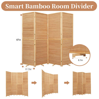 Room Divider Folding Privacy Screens, Hand-Made 67'' High Bamboo Room Dividers Freestanding 2-in-1 Multifunction 4 Panel Wall Divider for Room Separation, Portable Room Partitions and Dividers