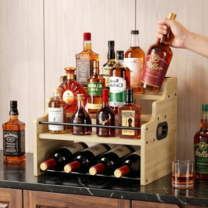 FZGhome 4-Tier Wood Display Shelf Wine Rack for 16 Bottles Wood Coffee Syrup Organizer with Handles Home Whiskey Shelf Retro Mini Liquor Cabinet Spice Rack Coffee Bar Shelves, Oak