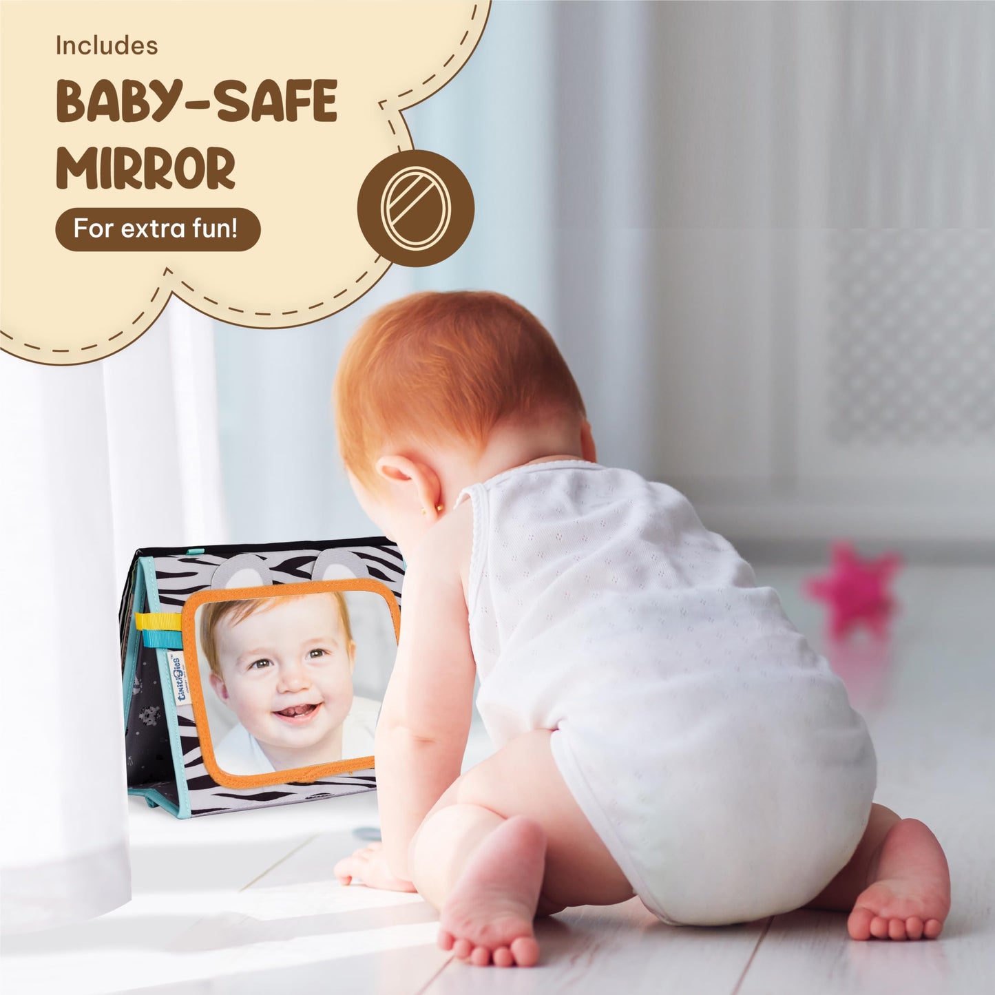 TINITIGIES Tummy Time Mirror for Babies - High Contrast Book with Large Stimulating Baby Safe Mirror & Silicone Teether & Crinkle Pages - Perfect Tummy Time Toys for Babies 0 3 6 9 Months