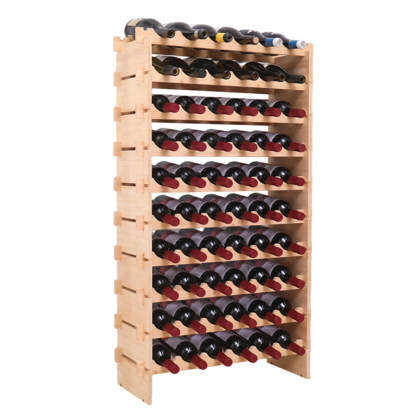 fcxagy 60 Bottles Bamboo Stackable Modular Bamboo Wine Rack, 10-Tier Wooden Wine Storage Rack Freestanding Wine Holder Display Shelves，Wine Rack freestanding Floor