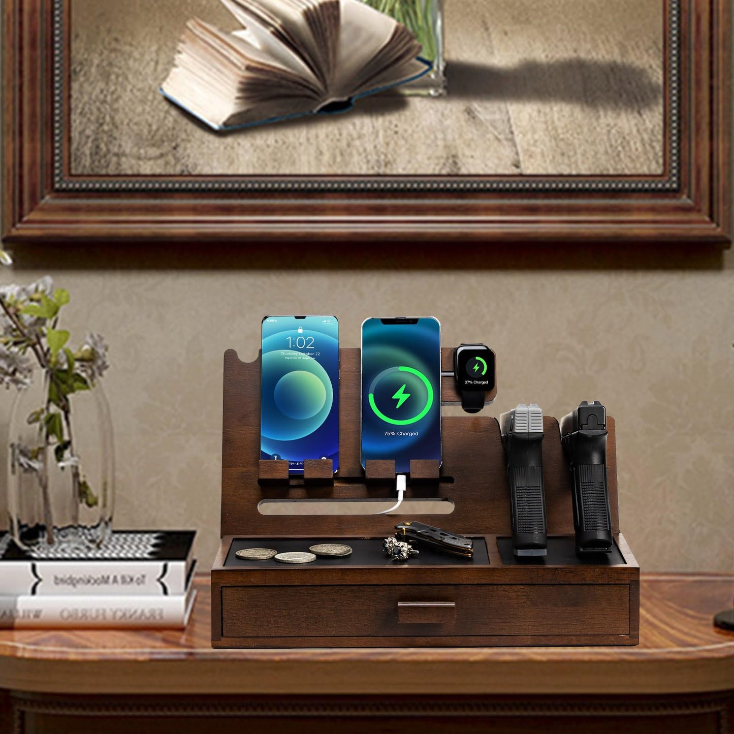DGWJSU Phone Docking Station as Gifts for Men, Wood Pistol Rack As Nightstand Organizer for Gun Safe, Phone Charging Station as Gifts for Him Boyfriend Father in Anniversary Birthday Christmas