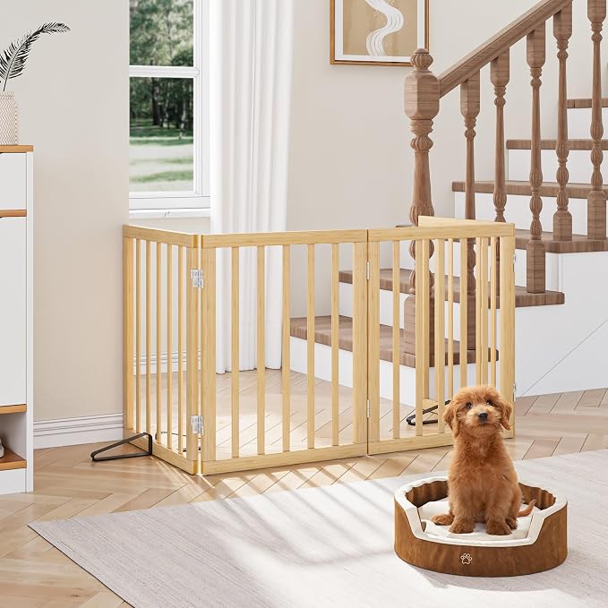 Semiocthome Solid Bamboo Dog Gate with 2 Stands, Freestanding Pet Gates for Doorways and Stairs, 24" Height-4 Panels Puppy Gate for The House, Fully Assembled Indoor Gate Safety Fencee - Natural