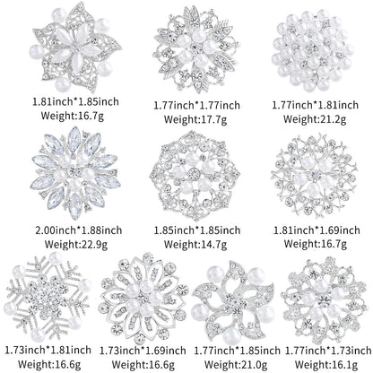 WeimanJewelry Silver/Gold/Rose Gold Plated Assorted Crystal Rhinestones Brooch Pins Set for DIY Wedding Bouquets Kit (Silver with pearls 10pcs)