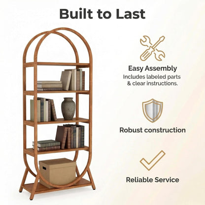 Arvolia 5-Tier Arched Bookshelf, Tall Wooden Open Shelf for Home