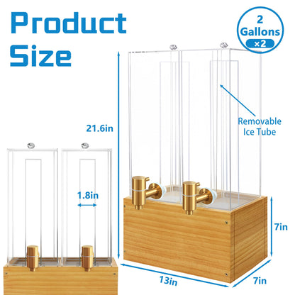 2 Pack 2 Gallon Drink Dispenser, Large Drink Dispenser with Wood Stand, Beverage Dispenser with Ice Core and Airtight Valve, Drink Dispensers for Parties