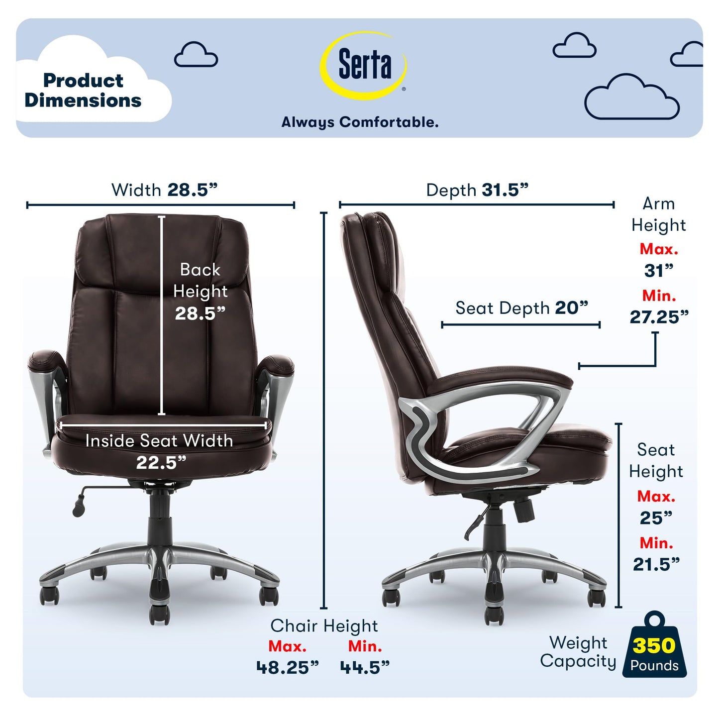 Serta Fairbanks Big and Tall High Back Executive Office Chair, Ergonomic Gaming Computer Chair with Layered Body Pillows, Contoured Lumbar Zone, Brown