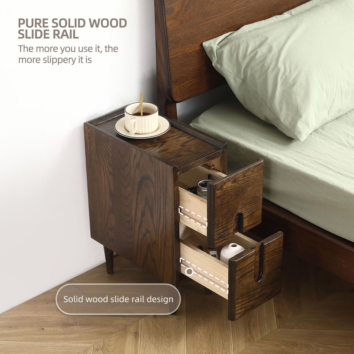 Fetuero Solid Wood Bedside Table Nightstands, Slim Narrow Oak Real Wooden Mid-Century Modern End Table with Drawers Luxury Side Table Durable Cabinet Organizer Furniture, Walnut Color 7.87in Wide