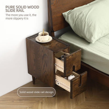 Fetuero Solid Wood Bedside Table Nightstands, Slim Narrow Oak Real Wooden Mid-Century Modern End Table with Drawers Luxury Side Table Durable Cabinet Organizer Furniture, Walnut Color 7.87in Wide