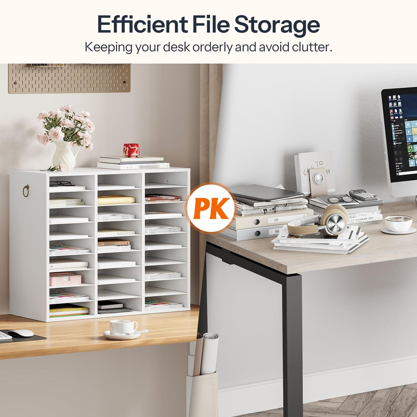 HOOBRO Literature Organizer, 27 Compartments Wooden Mail Organizer, Countertop Literature Sorter with Adjustable Shelves for Home, Office, School, Student Mailbox for Classroom, White WT27WF01
