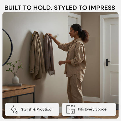 Homeforia Beech Wood Coat Hooks, High End Beech Wood & White Metal Wall Mounted Clothing Hooks, Mid-Century Modern Coat Hooks, Heavy Duty Wooden Hooks for Hanging Coats, Hats, Towels & More, Set of 3