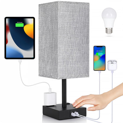 Soilsiu Bedside Table Lamp for Bedroom - Touch Small Lamp with USB C+A Charging Ports & AC Outlets, 3 Way Dimmable Nightstand Light for Living Room (LED Bulb Included, Grey)