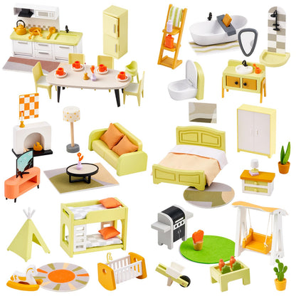 Giant bean 85pcs Wooden Plastic Dollhouse Furniture Set for 6 Rooms, Modern Dollhouse Accessories Pretend Play Furniture Toys for Boys Girls Toddlers & Kids 3 4 5 6 7 Years and up