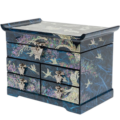 February Mountain Mother of Pearl Wooden Jewelry Organizer Box – Jewelry Storage Box for Women, Features Spacious Drawers, Ideal for Rings, Bracelets, Watches, Chains, Accessories (Crane_Blue)