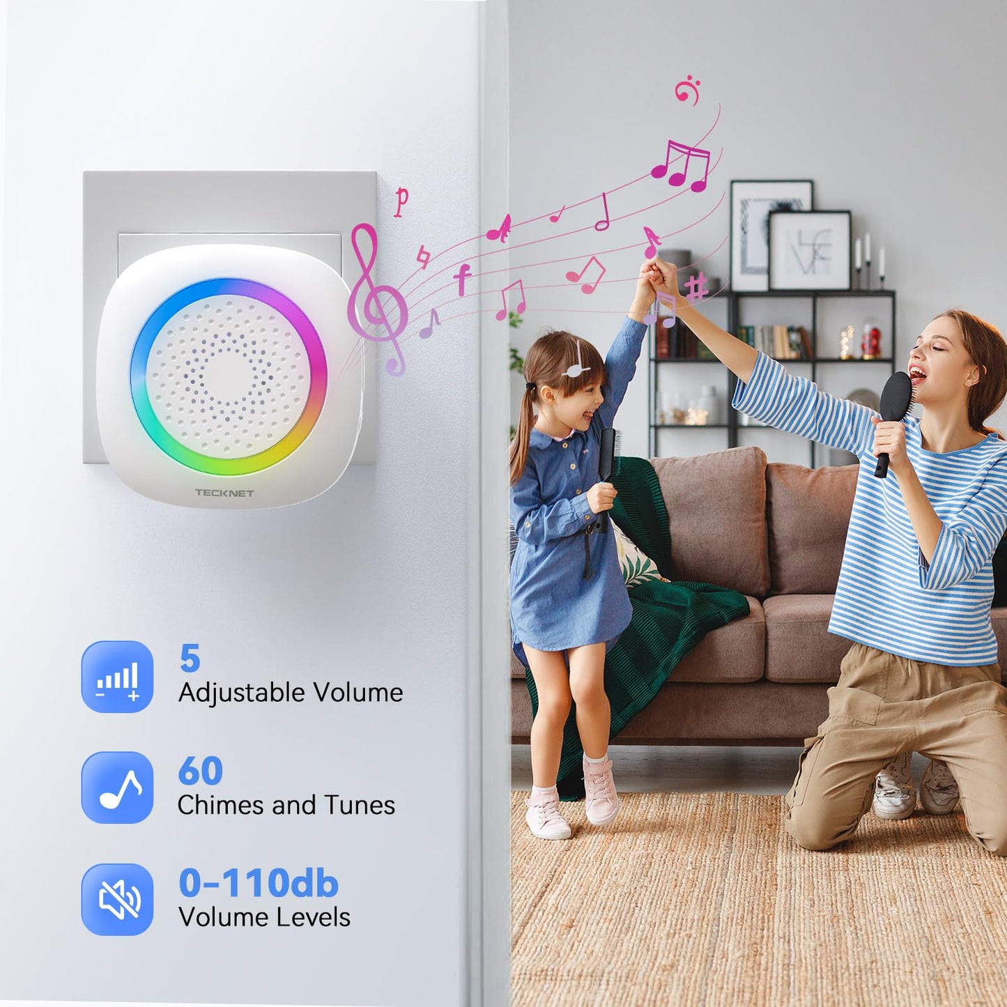 TECKNET Plug-in Wireless Doorbell with RGB Lighting & 1300 Feet Range,IP66 Waterproof Doorbell for Home/Classroom/Office/Business,60 Chimes,5-Level Volume,4.5-Year Battery Life(White)