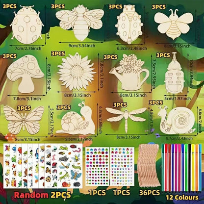 ShaoAngDuoMi 36PCS Paint Your Own Wooden Crafts Kit for Kids – DIY Plant & Insect Wood Shapes with Paint Pens & Stickers, Family Art Activity, Garden Tree Hanging Decorations, Creative Gift