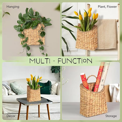 Woven Hanging Water Hyacinth Baskets, Hanging Wall Wicker Basket, Handmade