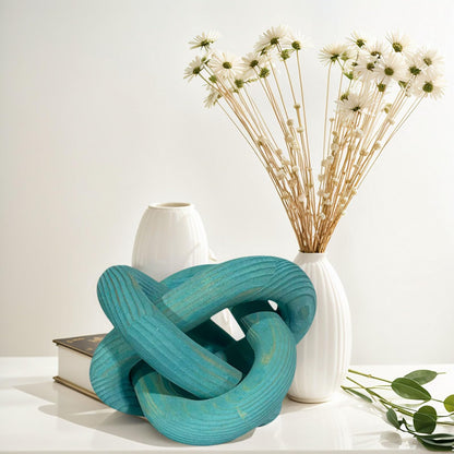GUDAGUU Wood Knot Decor -Coffee Table Decor Shelf Decor Table Books Hand Carved Home Decoration Boho Country Rustic Modern Shabby Chic Style 3 Link Wooden Knot Chain Link Decor (Blue)