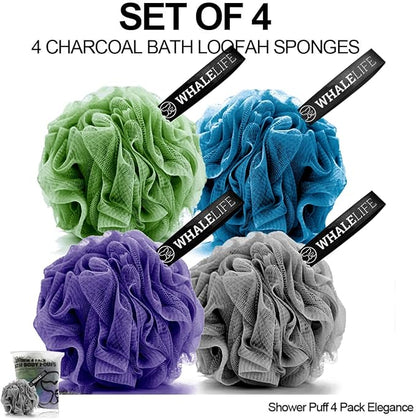 Loofah Sponge Bath Sponge for Women Men 4 Pack (Gray Blue Green Purple)