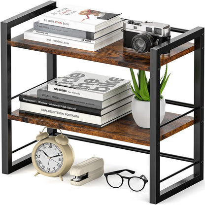 ART-GIFTREE Office Desk Shelf Organizer, Wood Desktop Bookshelf Supplies Storage Rack, Shelf for Top of Desk and Dresser (Brown-2 Tier)