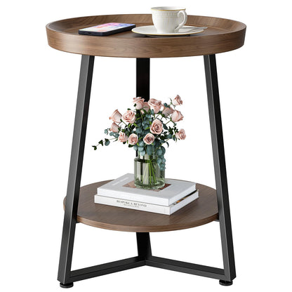 Round End Table, 2-Tier Tray Top Side Tables with Storage Shelf, Ultra Stable Coffee end Table/Nightstand, Modern Farmhouse Couch Table for Living Room, Bedroom, Bedside Stand or Small Spaces, Walnut