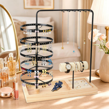 5-Tier Rotating Jewelry Organizer,Earring Holder Tree with Necklace Hooks, Bracelet Holder & Wooden Base, Multi-Functional Jewelry Stand for Women (Earring Rack, Necklace Organizer, Jewelry Tower)