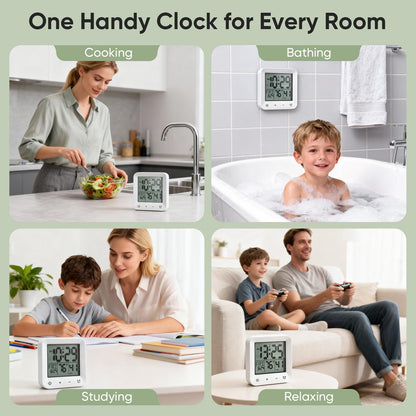 onannos Bathroom Clock Waterproof Shower Timer, Digital Wall Clock with Countdown, Touch Screen, LCD Display, Temperature, Suction Cup/Hanging Hole/Stand, Spa Sauna, Kids and Adults I White